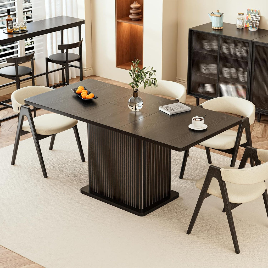 Extendable Black Kitchen Dining Table for 4-6, 47-65 Inch Rectangle Dining Room Table with 2 Doors, Large Storage, Wood Fluted Mid Century Modern Furniture for Dinner, Living Room, Space Saving