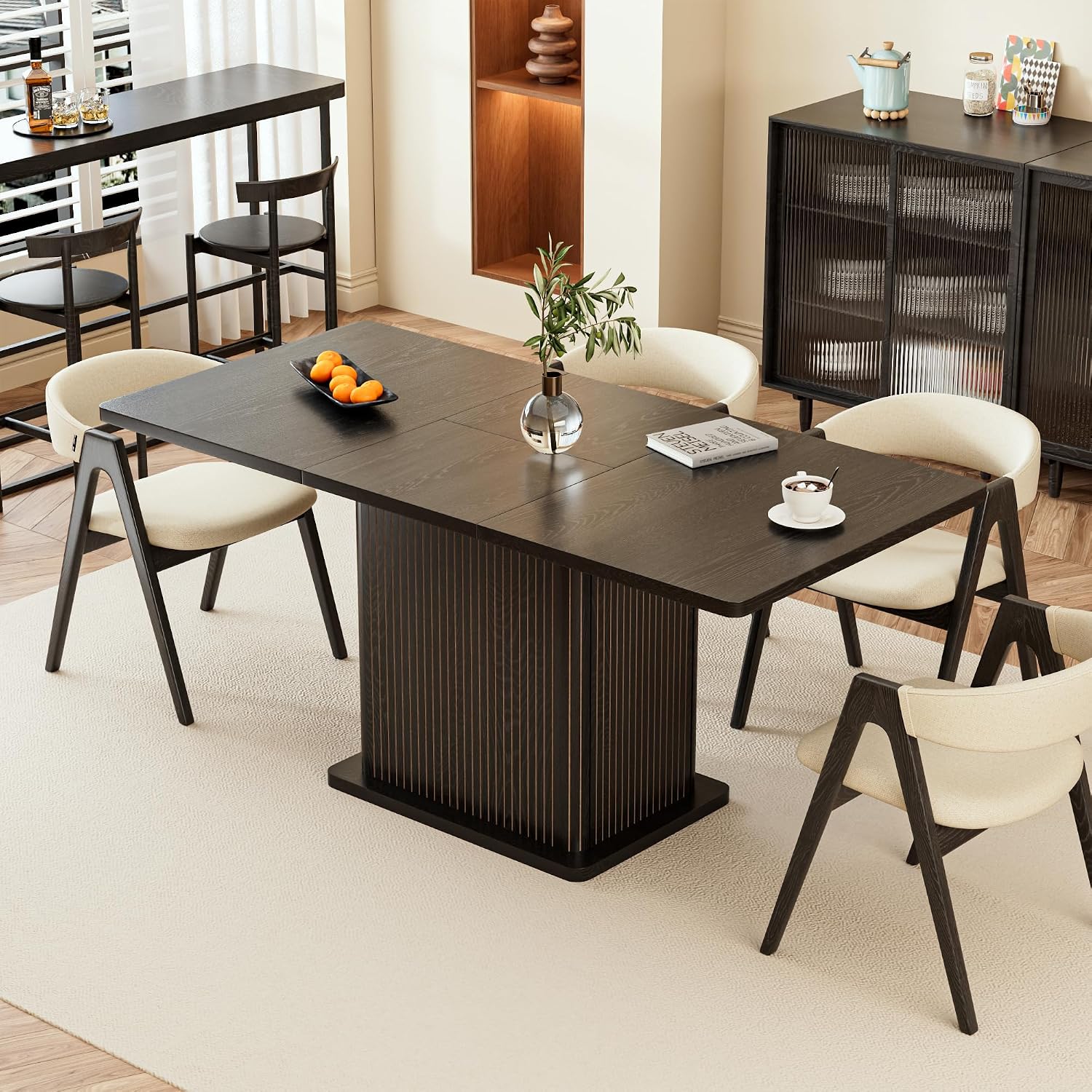 Extendable Black Kitchen Dining Table for 4-6, 47-65 Inch Rectangle Dining Room Table with 2 Doors, Large Storage, Wood Fluted Mid Century Modern Furniture for Dinner, Living Room, Space Saving