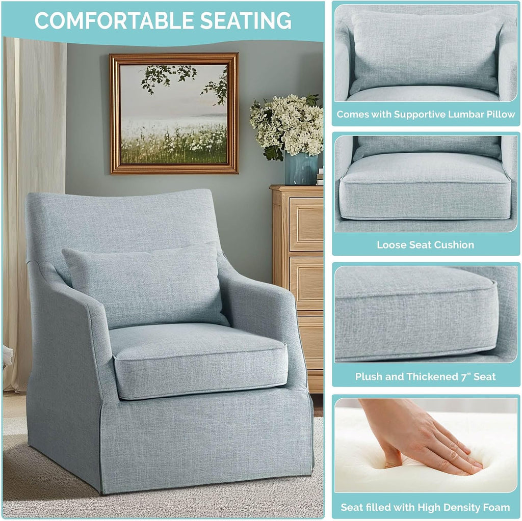 Martha Stewart London Swivel Chair - Solid Wood & Plywood, Skirted Metal Base Accent Armchair, Lumbar Pillow -Modern Classic Family Room Sofa Furniture Bedroom Lounge, 28'X31.5'X35.25', Light Blue