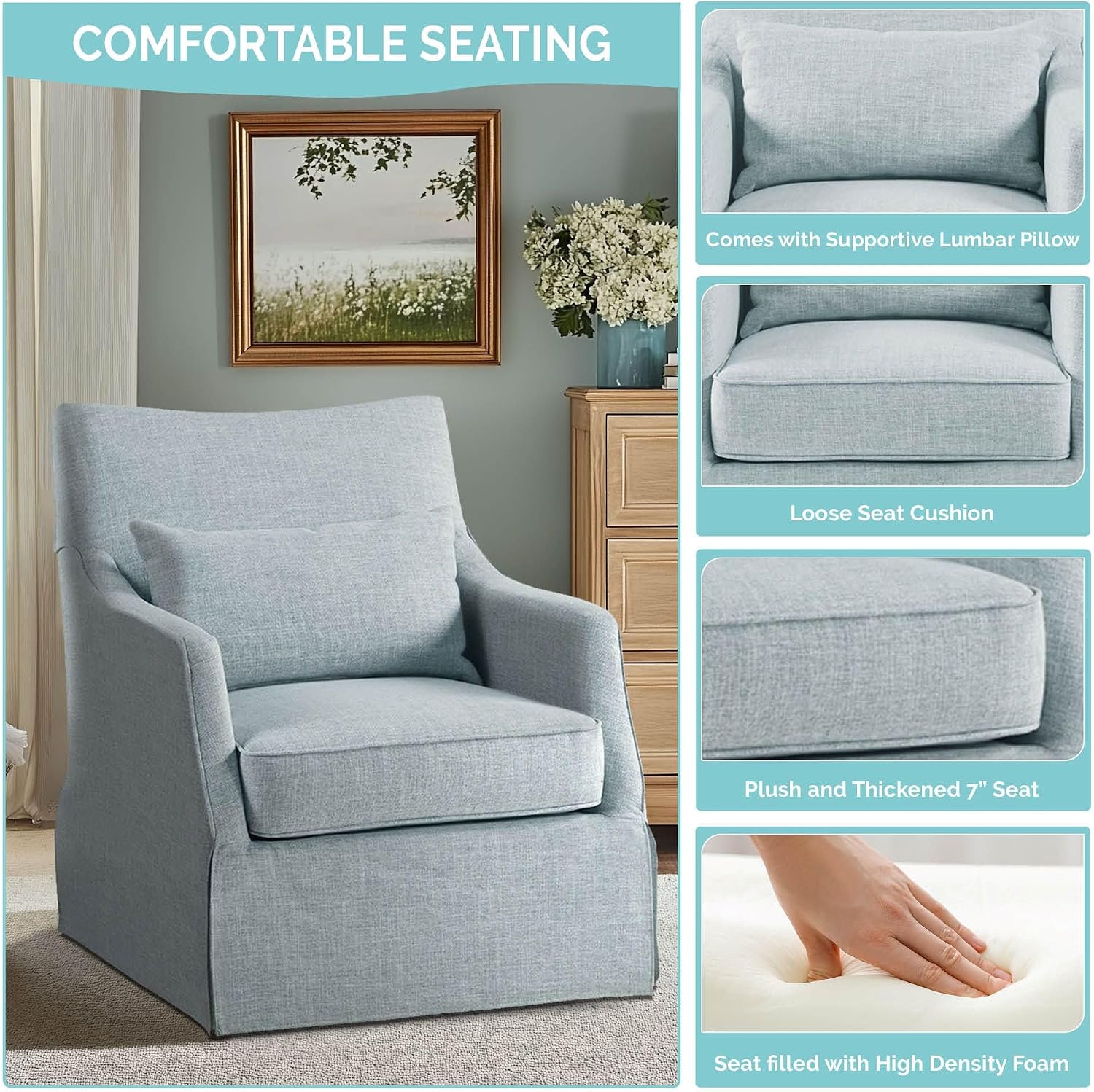 Martha Stewart London Swivel Chair - Solid Wood & Plywood, Skirted Metal Base Accent Armchair, Lumbar Pillow -Modern Classic Family Room Sofa Furniture Bedroom Lounge, 28'X31.5'X35.25', Light Blue