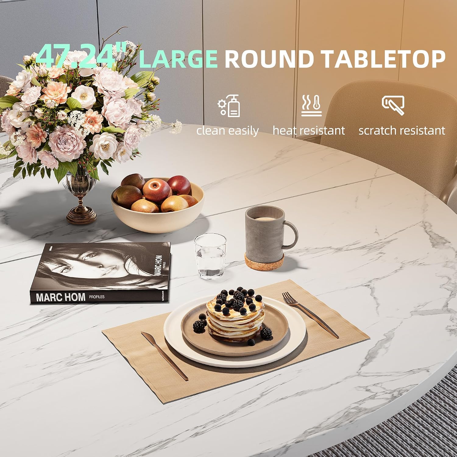 47.24' Round Dining Table for 4-6 Person, Round Kitchen Table with Wood Top, Circle Dinner Pedestal Tables with Metal Legs for Dining Room Kitchen (White Marble)