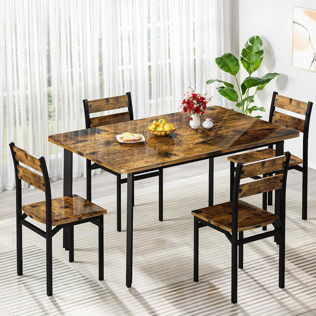 Recaceik Dining Table Set for 4 Wood Kitchen Table Chairs Set, 43 '' Farmhouse 5 Piece Dining Room Table Set, Space-Saving Dinette Set for Breakfast Nook, Apartment