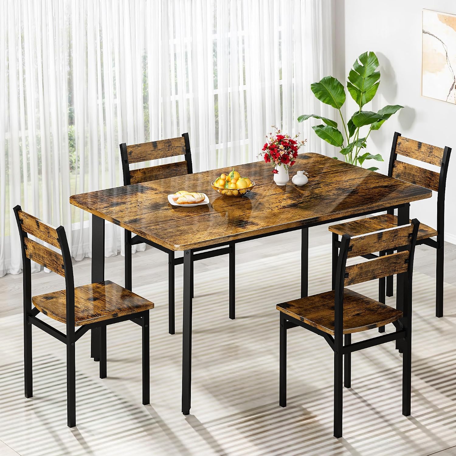 Recaceik Dining Table Set for 4 Wood Kitchen Table Chairs Set, 43 '' Farmhouse 5 Piece Dining Room Table Set, Space-Saving Dinette Set for Breakfast Nook, Apartment