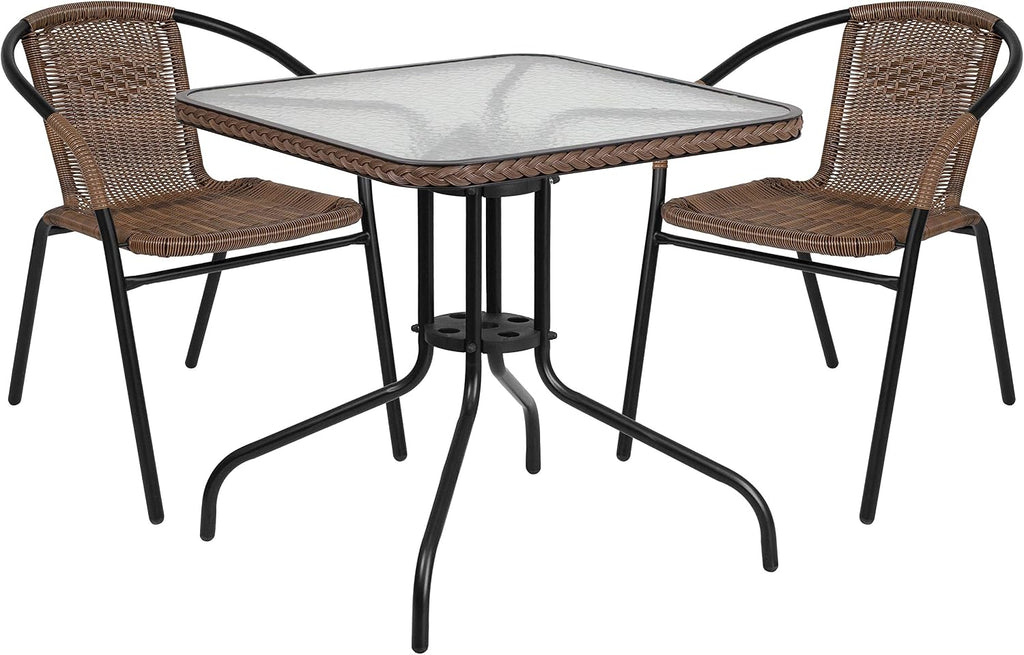 Flash Furniture Lila 3-Piece 28' Square Indoor/Outdoor Patio Table and Chairs Set, Glass Metal Bistro Table and 2 Stacking Rattan Chairs, Brown