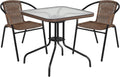 Flash Furniture Lila 3-Piece 28' Square Indoor/Outdoor Patio Table and Chairs Set, Glass Metal Bistro Table and 2 Stacking Rattan Chairs, Brown