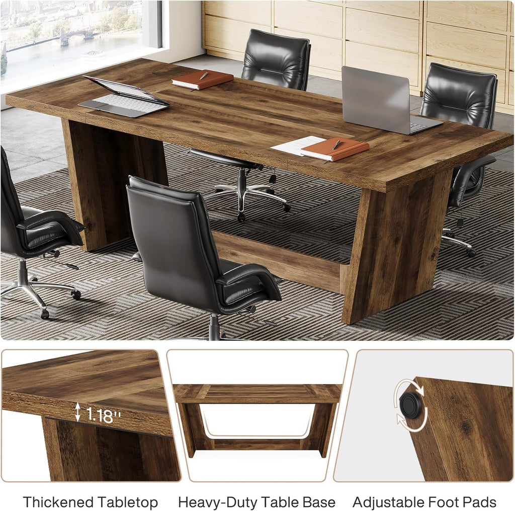 Tribesigns 6 FT Conference Room Table, 71'Large Executive Seminar Desk for 6–8 People, Rectangular Meeting Table for Office, Heavy-Duty Business Boardroom Table with Wooden Pedestal Base, Dark Brown