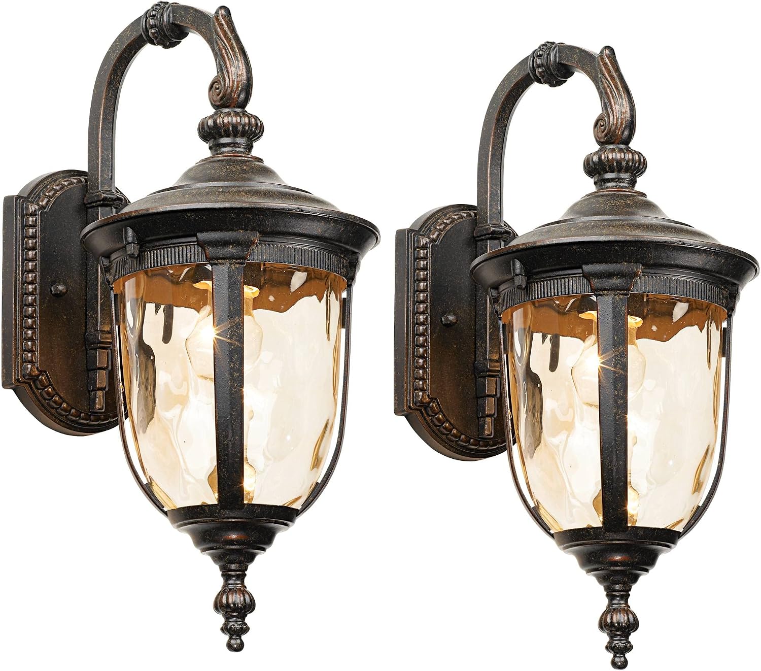 John Timberland Bellagio Rustic Downbridge Outdoor Wall Light Fixtures Set of 2 Veranda Bronze 16 1/2' Champagne Hammered Glass for Post Exterior Barn Deck House Porch Yard Patio Outside Garage