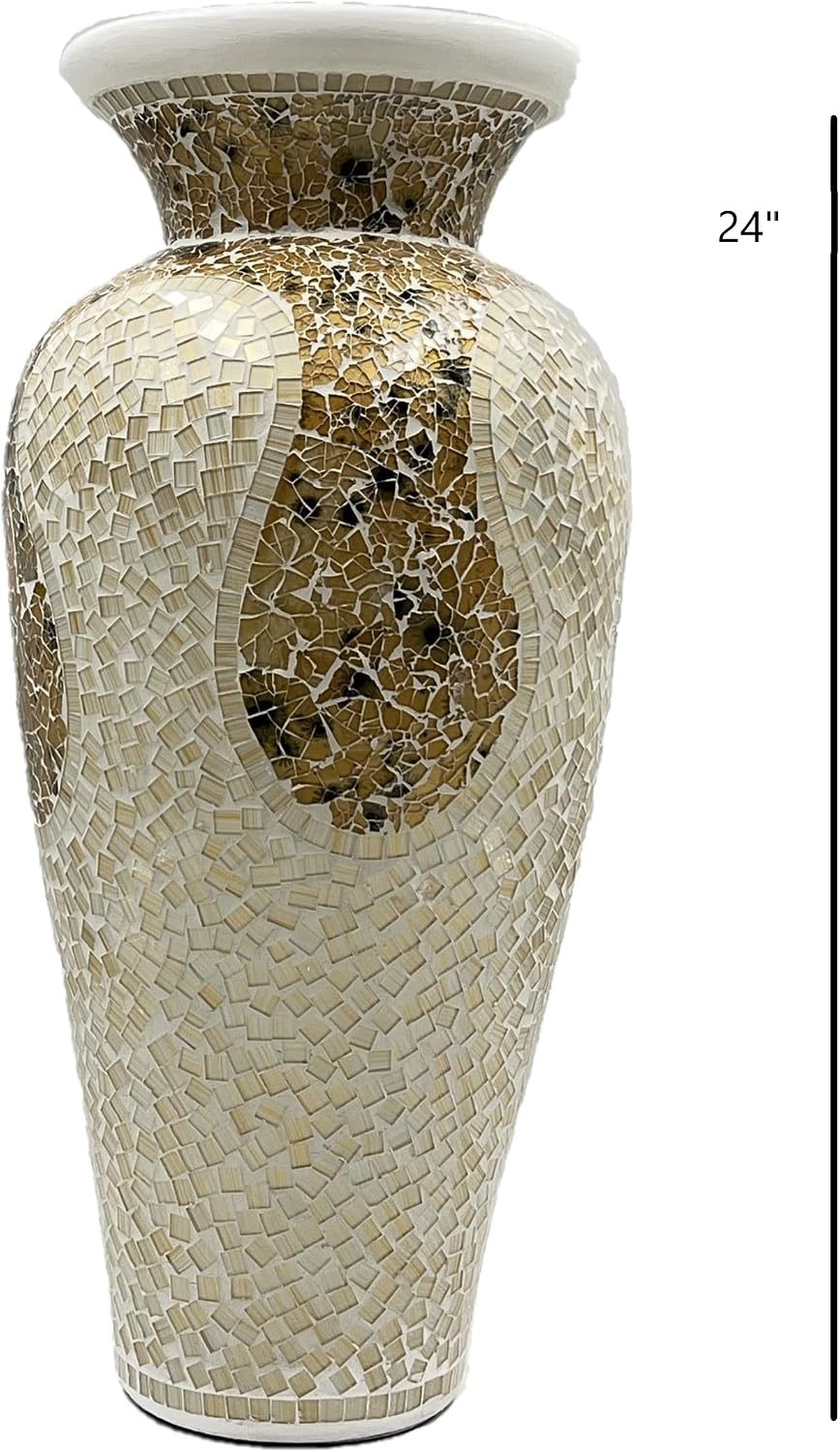 Floor Vase – Tall Cylinder Made of Terracotta with Light Caramel and White Glass Mosaic Pieces – Exquisite Home Décor Accent Piece (24 x 10 Inches)