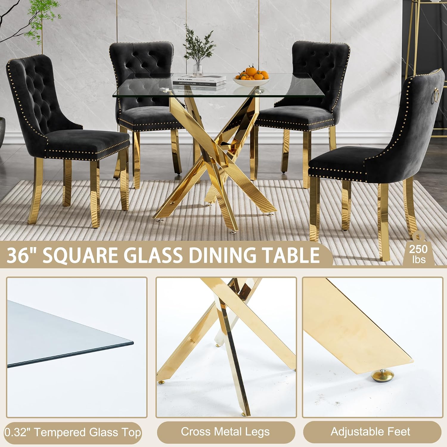 36' Square Dining Table for 4, Modern Clear Glass Kitchen Table for 4 with Gold X Metal Legs, Contemporary Small Glass Dining Room Leisure Tables for Kitchen Apartment