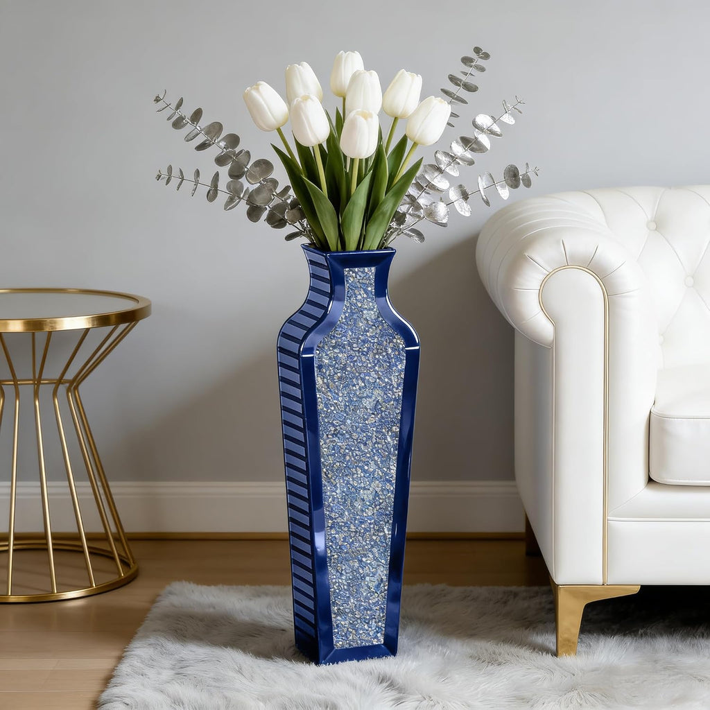 SHYFOY Blue Crushed Diamond Floor Vase, Large Mirrored Tall Vases for Floor, Modern Glass Decorative Vases for Living Room Bedroom Home Corner Indoor Office, 26.8' Tall