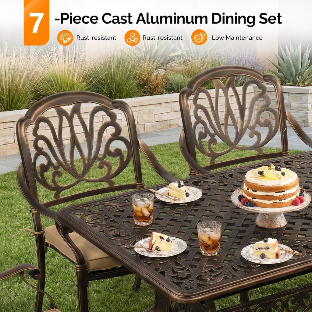 VINGLI 7 Pieces Outdoor Dining Set, Cast Aluminium All-Weather Patio Dining Set for 6 with Umbrella Hole, Outdoor Dining Table and Chairs with Cushion for Yard, Garden, Porch and Poolside, Bronze