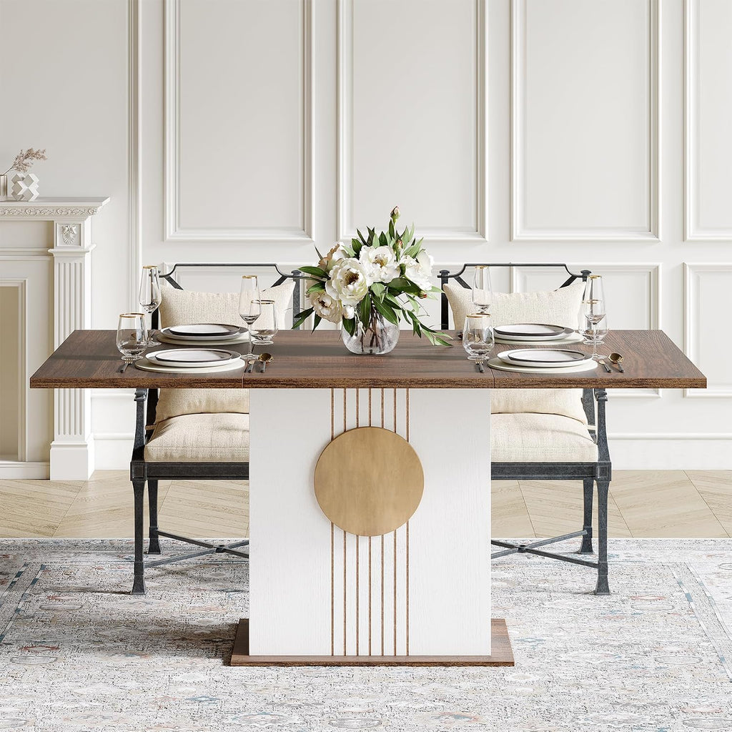 LITTLE TREE Rectangle Dining Table, Modern Kitchen Table Set for 6, Wooden Furniture with Heavy Duty Base, Modern Furniture for Home, Dining Room, Brown & White