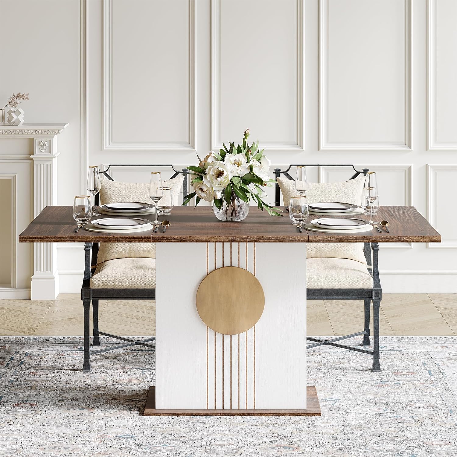 LITTLE TREE Rectangle Dining Table, Modern Kitchen Table Set for 6, Wooden Furniture with Heavy Duty Base, Modern Furniture for Home, Dining Room, Brown & White