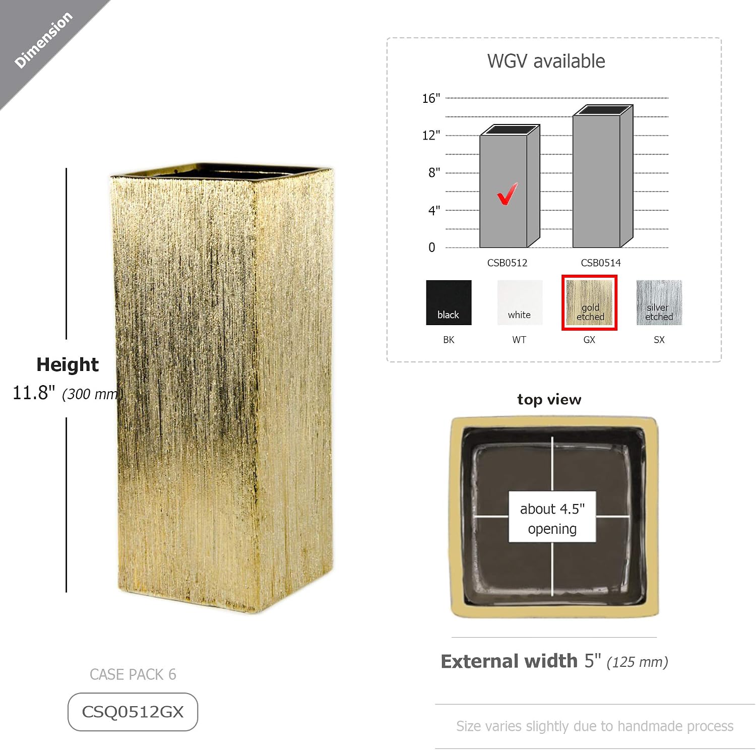 WGV Ceramic Block Vase Bulk, 5' W x 12' H, (Multiple Size/Color Choices) Matte Tall Square Flower Planter Pot, Accents Home Office Tabletop Decor, Ideal Gifts Gold Textured 6 Pieces (CSB0512GX)