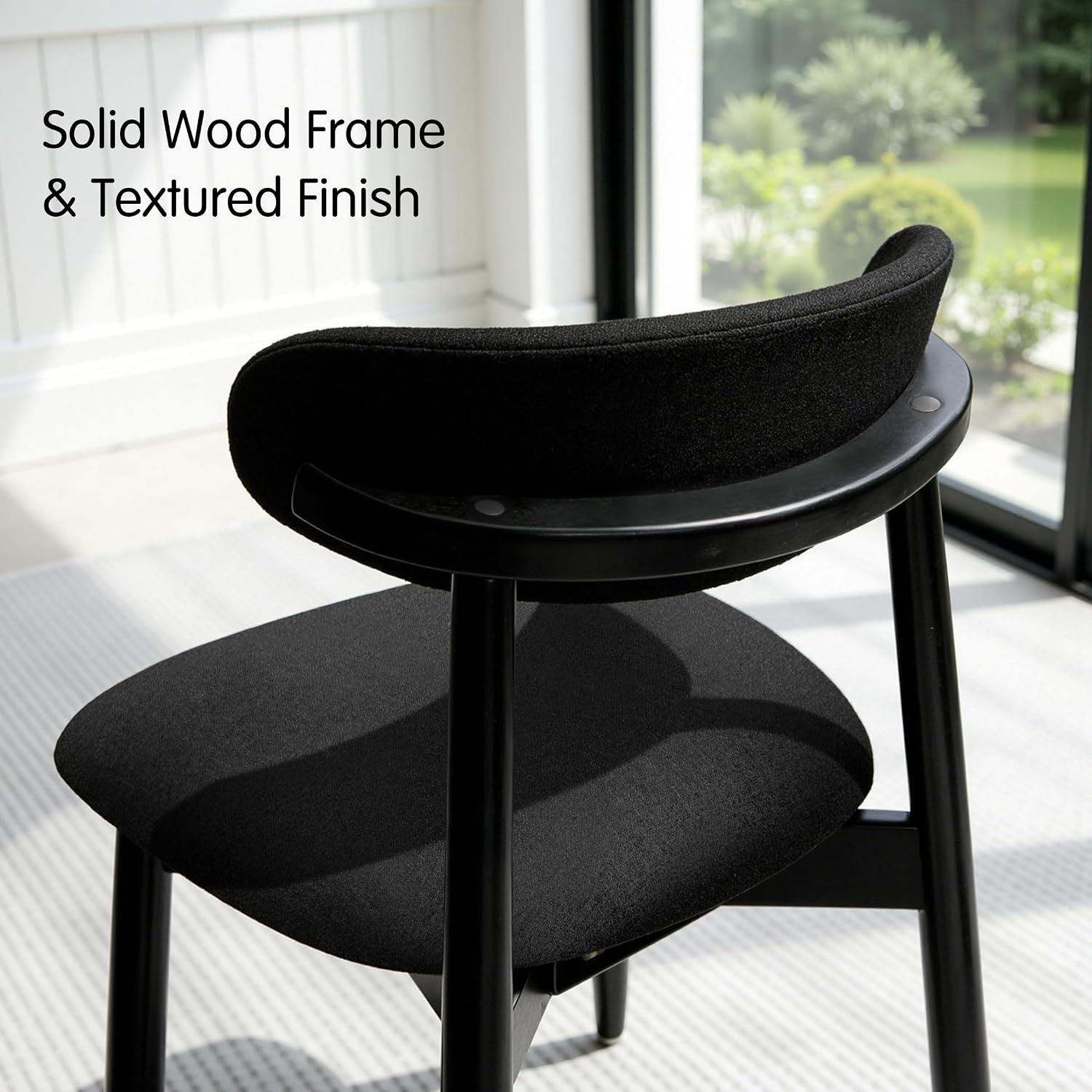 CHUN YI Dining Chairs Set of 4, Upholstered Solid Wood Dining Room Chairs, Mid Century Modern Fabric Kitchen Chairs with Ergonomic Curved Back, Black (Only Chairs)