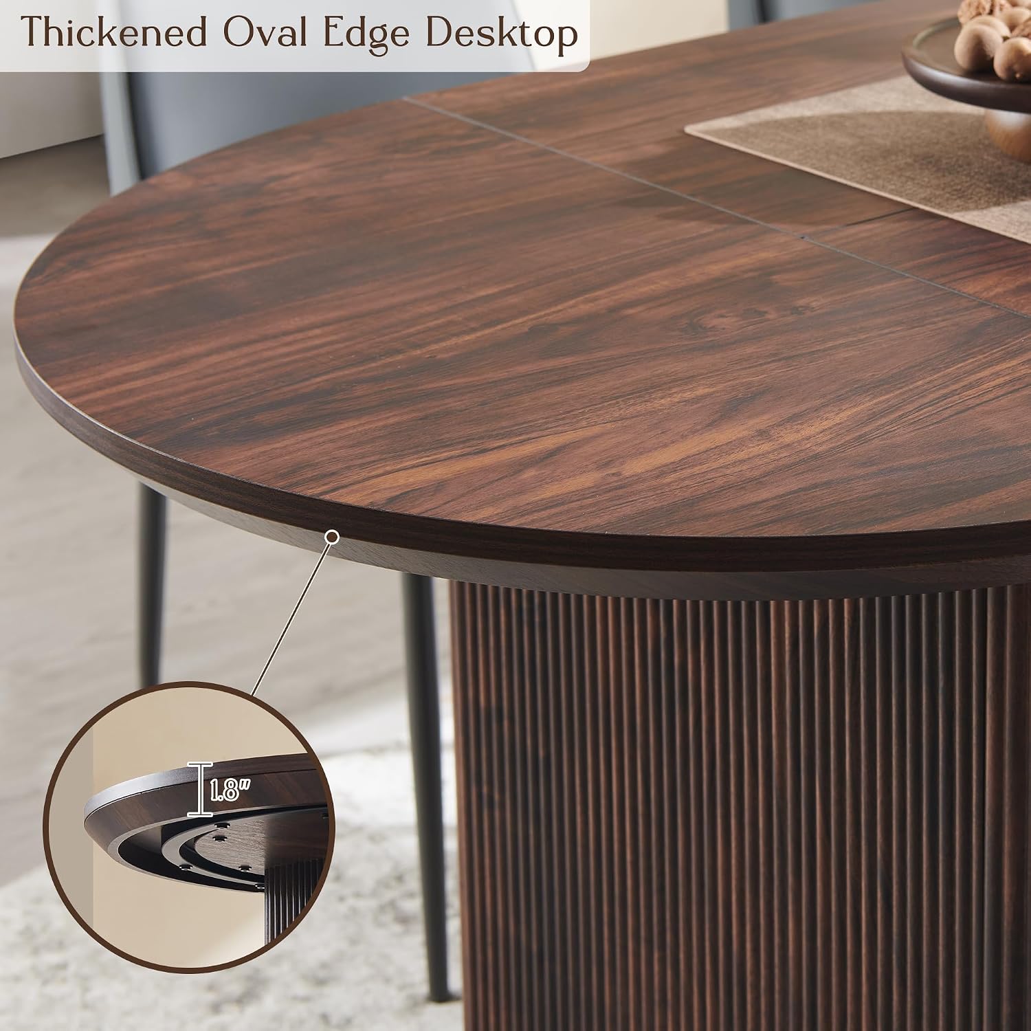 T4TREAM 63' Fluted Oval Dining Table for 4-6, Mid-Century Modern Kitchen Table with Thickened Edge & Strip Pedestal Base, Wood Luxury Table for Dining Room/Kitchen/Home Office, Walnut (Table Only)