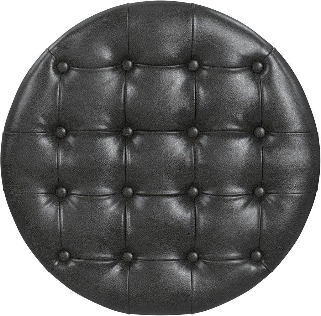 Homepop Home Decor | Button Tufted Faux Leather Round Storage Ottoman | Ottoman with Storage for Living Room & Bedroom (Black Faux Leather)