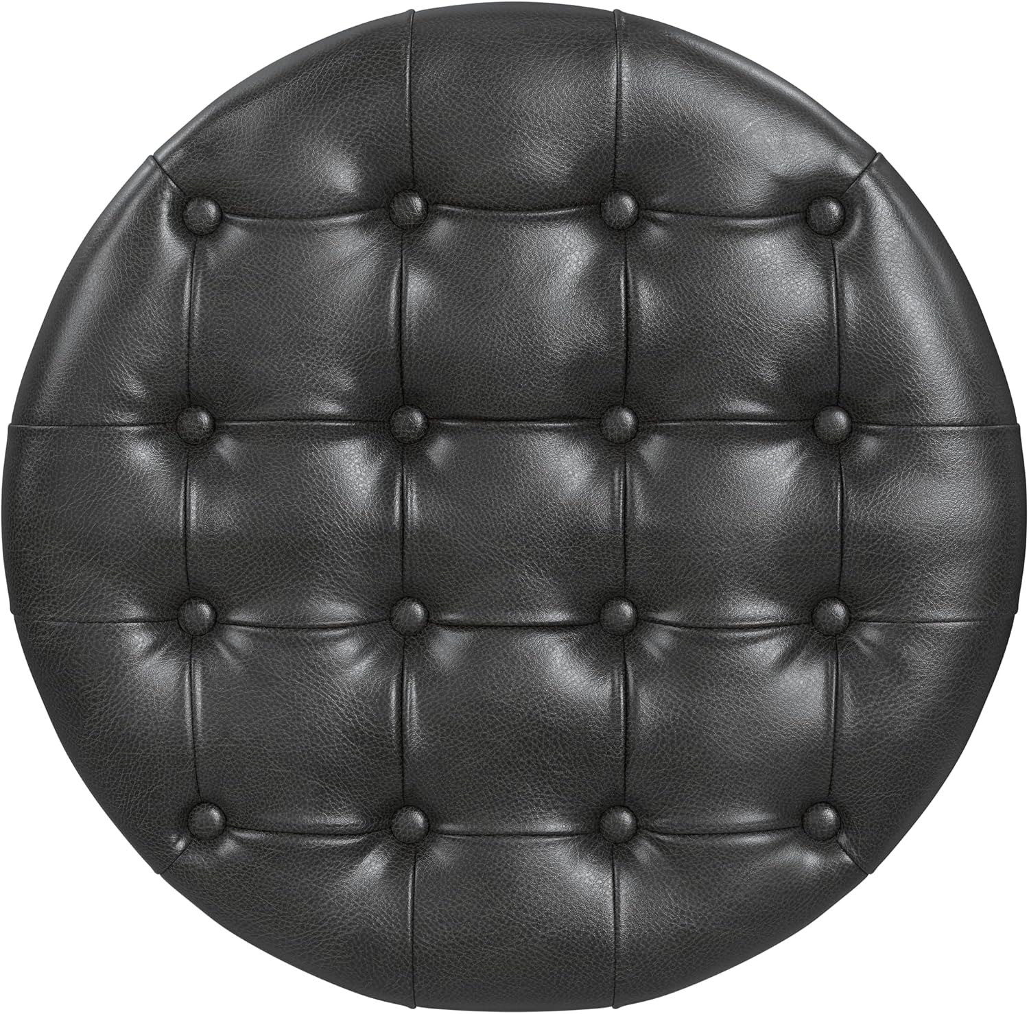 Homepop Home Decor | Button Tufted Faux Leather Round Storage Ottoman | Ottoman with Storage for Living Room & Bedroom (Black Faux Leather)