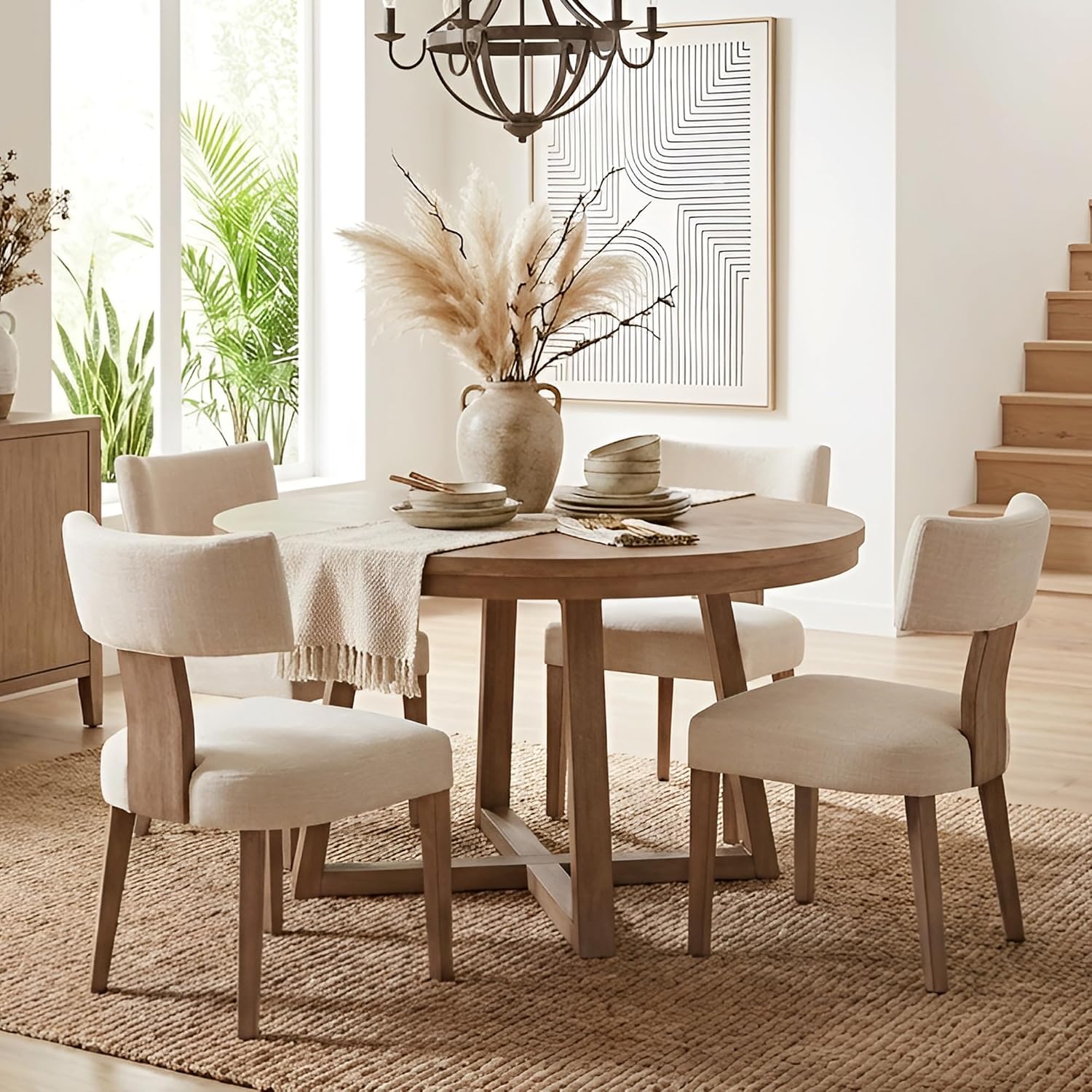HNY Mid Century Modern Dining Chairs Set of 4, Farmhouse Linen Fabric Upholstered Accent Curved Backrest Kitchen Chairs, with Hardwood Frame, Beige