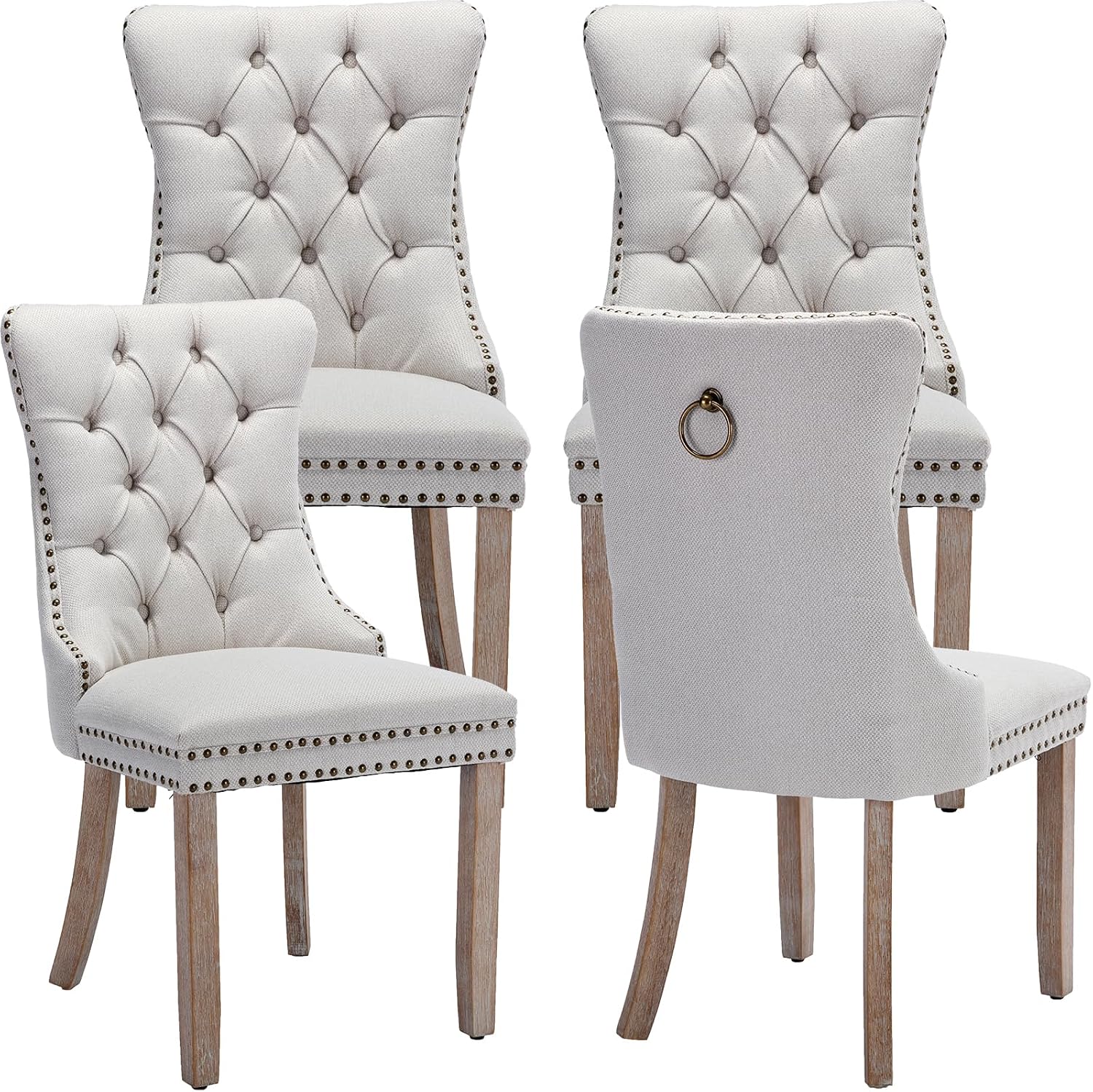 ODUSE-DAILY Beige Linen Dining Chairs Set of 4, Kitchen & Dining Room Chairs Set of 4, Tufted Dining Chairs, Upholstered, Wood Legs (Beige White, 4pcs)
