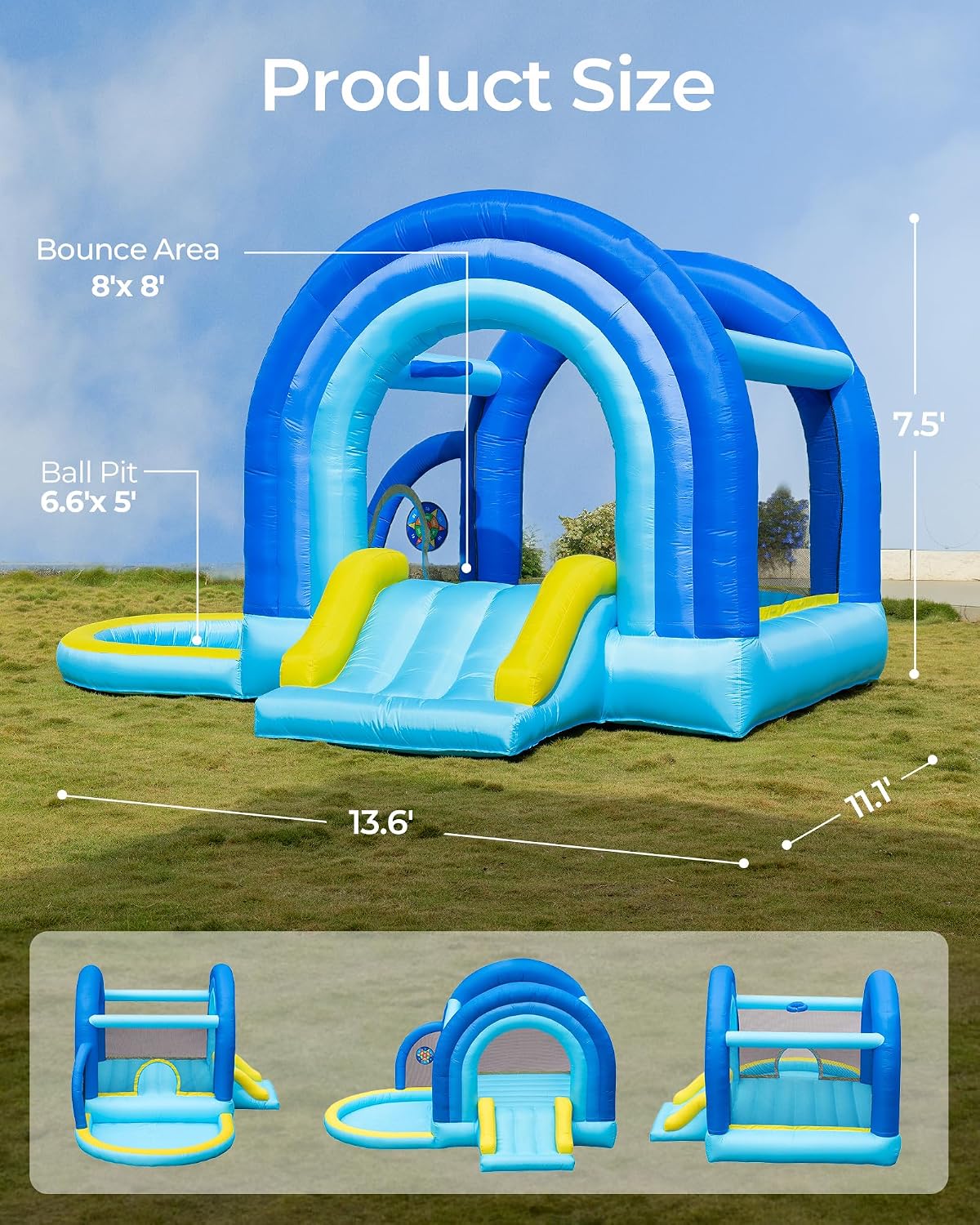 Outfunny Bounce House with Slide, Inflatable Bouncy House for Kids 3-12 w/Ball Pit, Outdoor & Indoor, Bounce Area 8'x8', Capacity 400 lb - Blue