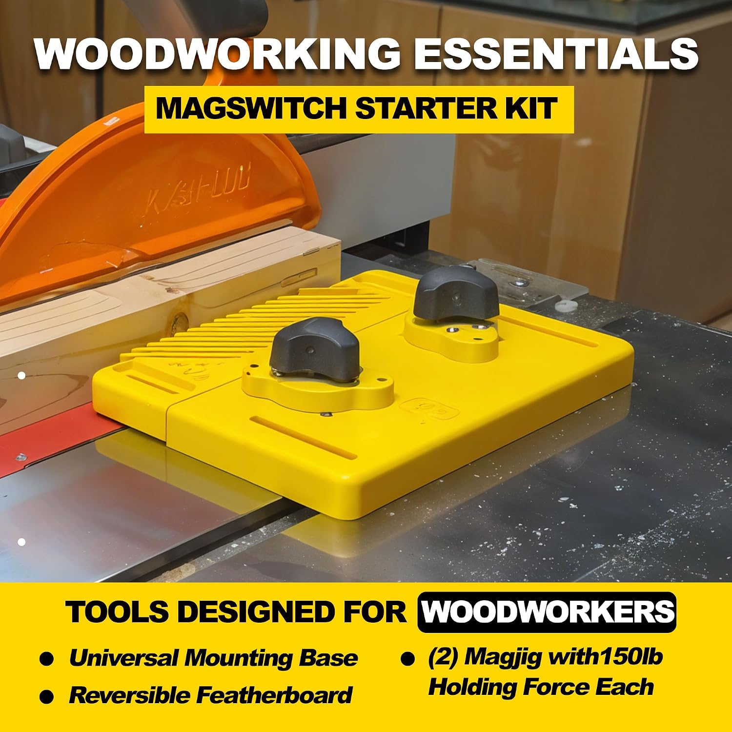 Magswitch Woodworking Tools Starter Kit and Accessories, with Featherboard, Mounting Push Block, and Welding Magnetic Base Clamp Holder for Table Saw Jig, Router Table, Jointer and Band Saw, Yellow