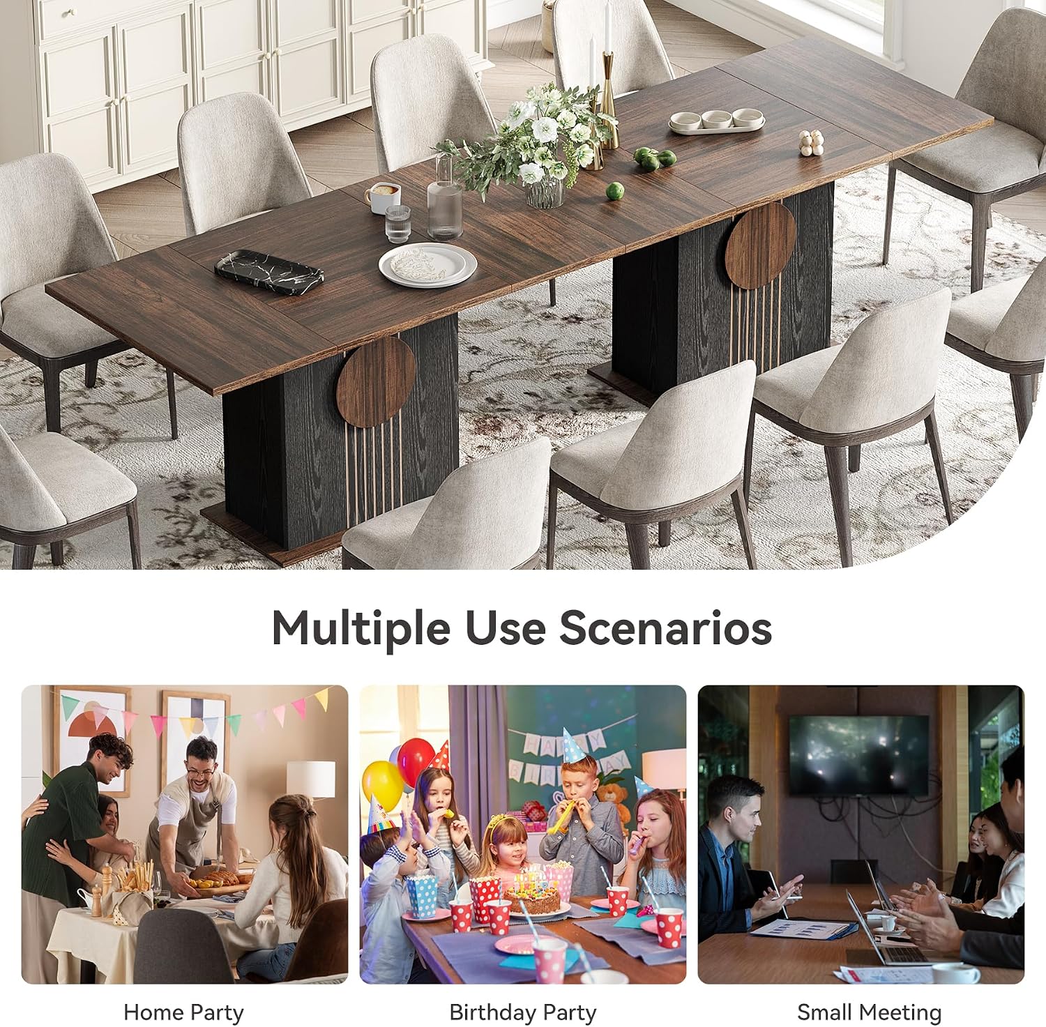 LITTLE TREE Rectangle Dining Table, Modern Kitchen Table Set for 6, Wooden Furniture with Heavy Duty Base, Modern Furniture for Home, Dining Room, Brown & Black