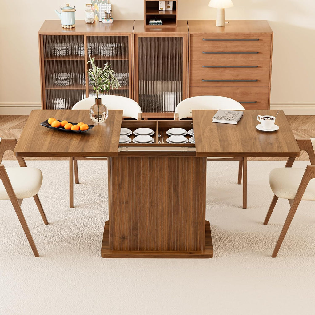 Extendable Kitchen Dining Table for 4-6, 47-65 Inch Rectangle Dining Room Table with 2 Doors, Large Storage, Mid Century Modern Dinner Furniture, Living Room, Space Saving, Square, Fluted, Walnut