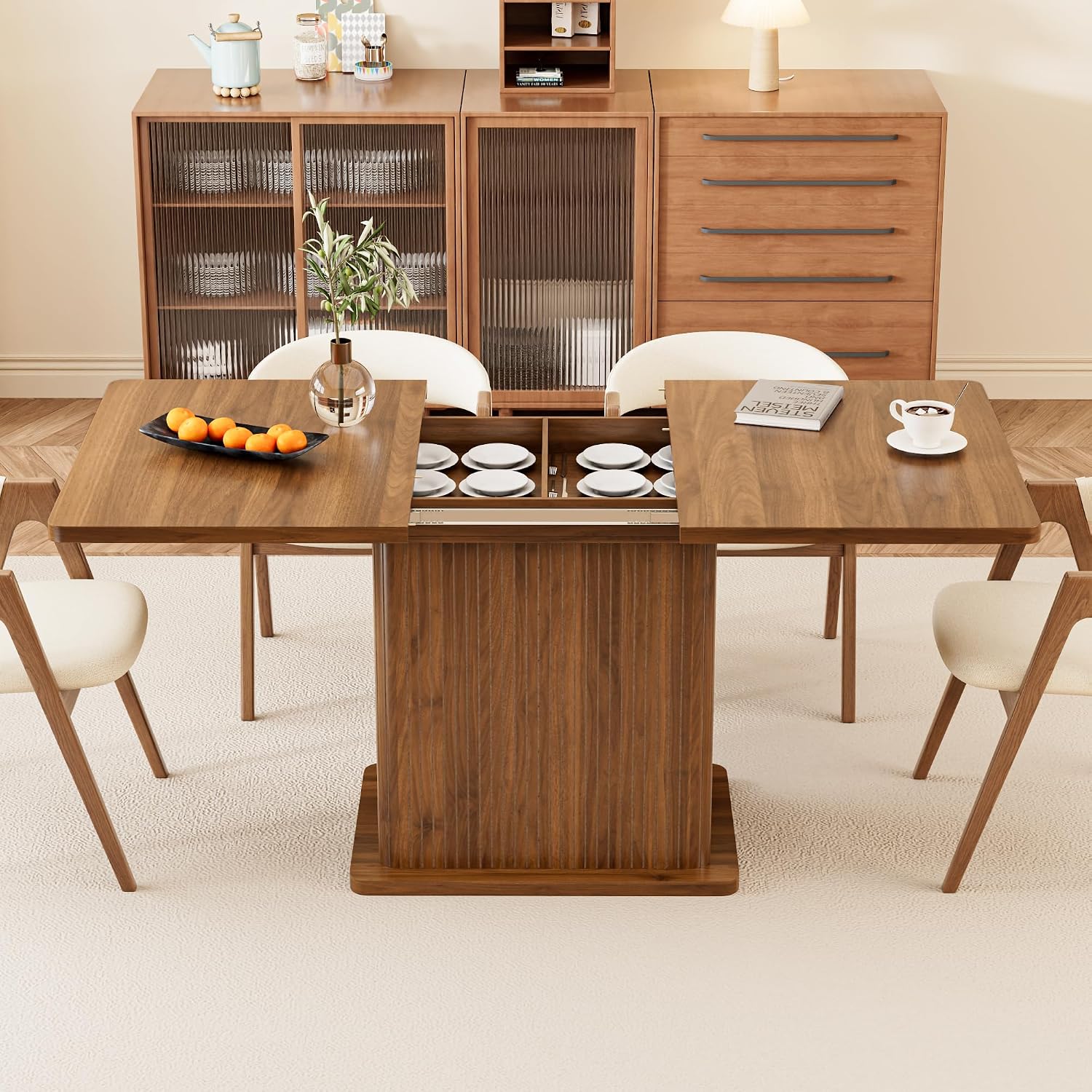 Extendable Kitchen Dining Table for 4-6, 47-65 Inch Rectangle Dining Room Table with 2 Doors, Large Storage, Mid Century Modern Dinner Furniture, Living Room, Space Saving, Square, Fluted, Walnut