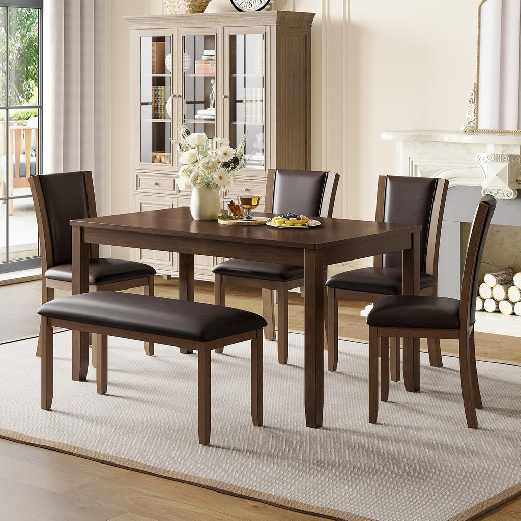 LUMISOL Farmhouse Dining Table Set for 6, Solid Wood Kitchen Table Set with 4 Upholstered Chairs and Bench for Kitchen, Dining Room, Dark Walnut