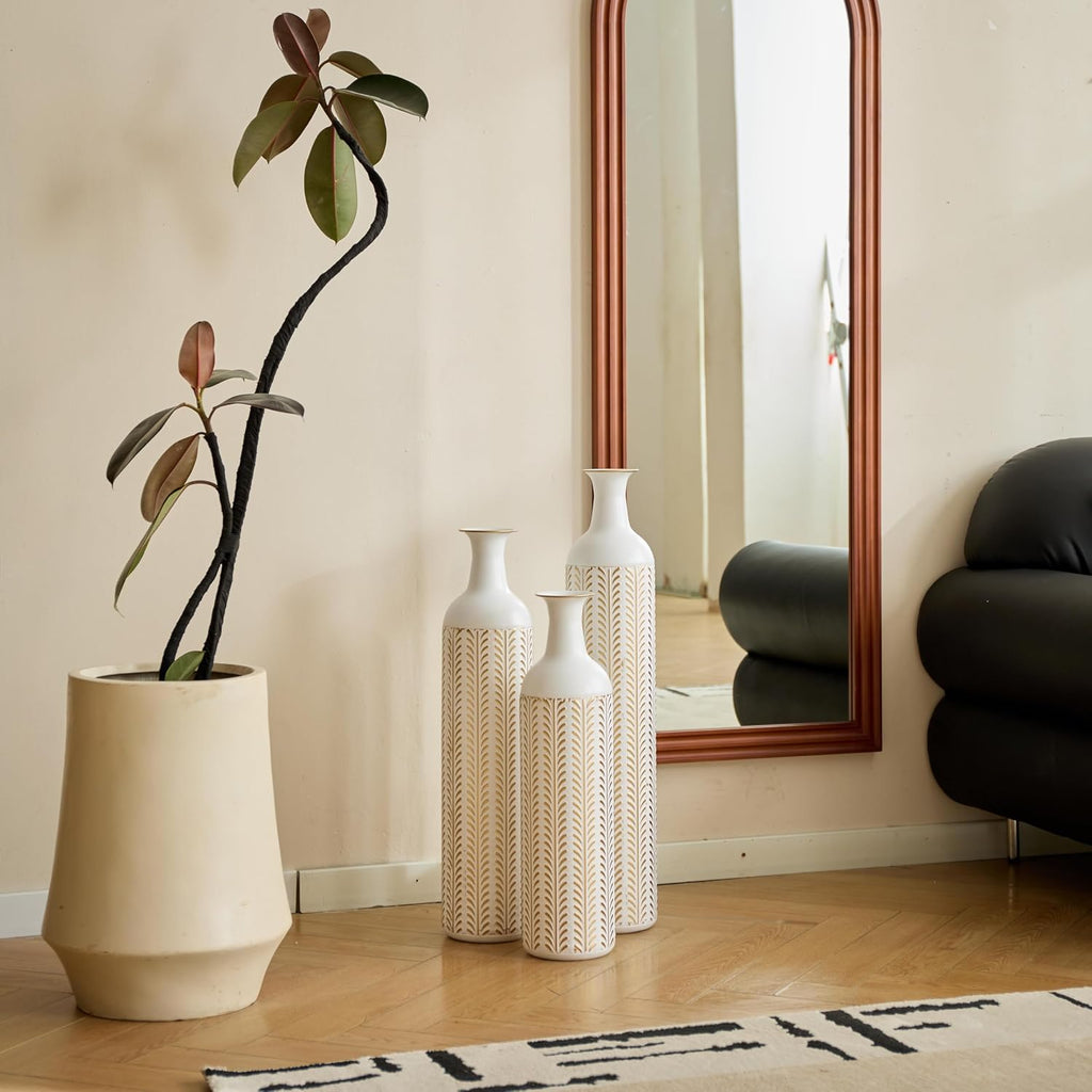 White Metal Floor Vase Set of 3 - Modern Glazed Tall Standing Vase for Home Decor, Living Room & Wedding Centerpieces, Tall Metal Standing Vases for Home Decor (White+Gold Ear of Wheat)