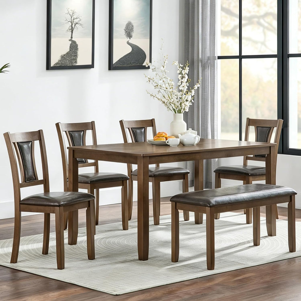 LUMISOL 6-Piece Modern Dining Table Set with Upholstered Chairs of 6, Wooden Rectangular Table for 6-7 People, Farmhouse Kitchen Table Set with Bench for Restaurant, Walnut