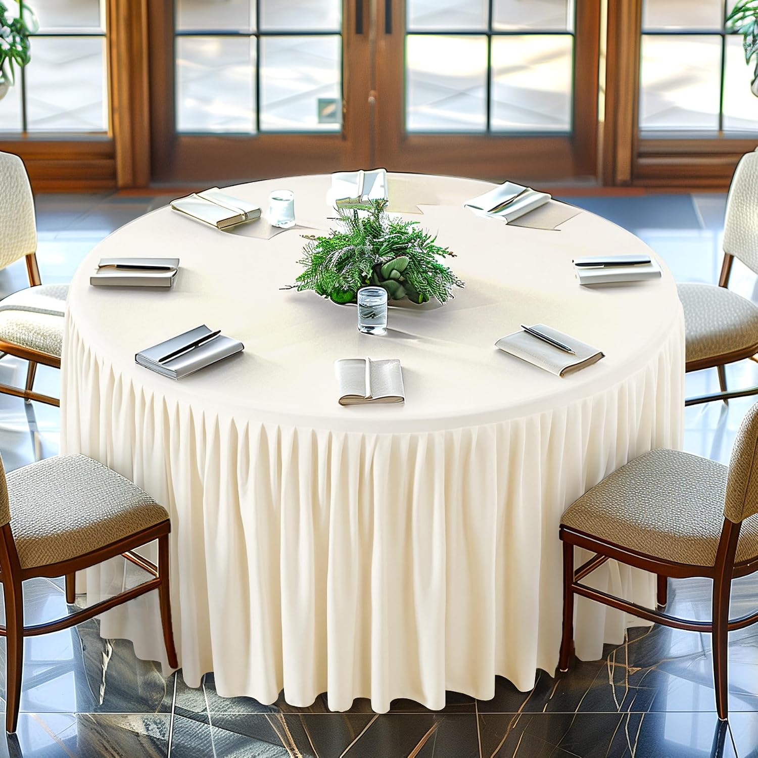 6 Pack Ivory Spandex Round Tablecloths for 48 inch Tables, Stretchy Fitted 4FT Round Table Clothes,Wrinkle Free Table Cover with Skirt for Wedding Party Dining Banquet Graduation Decorations