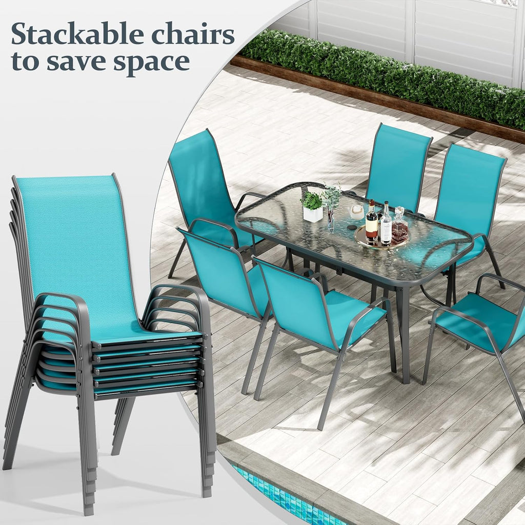 TLSUNNY 7 Pieces Patio Dining Set, Outdoor Table and Chairs W/1.69″ Umbrella Hole, 30'X 55' Table and Stackable Textilene Chair, All Weather Patio Furniture Set (Umbrella not Included)