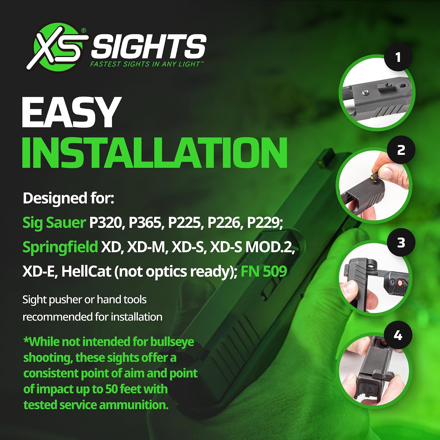 XS SIGHTS F8 Night Sight for Pistols, Large Tritium Front Sight for Fast Acquisition, Wide U-Notch Rear Sight, High Visibility, Easy Alignment