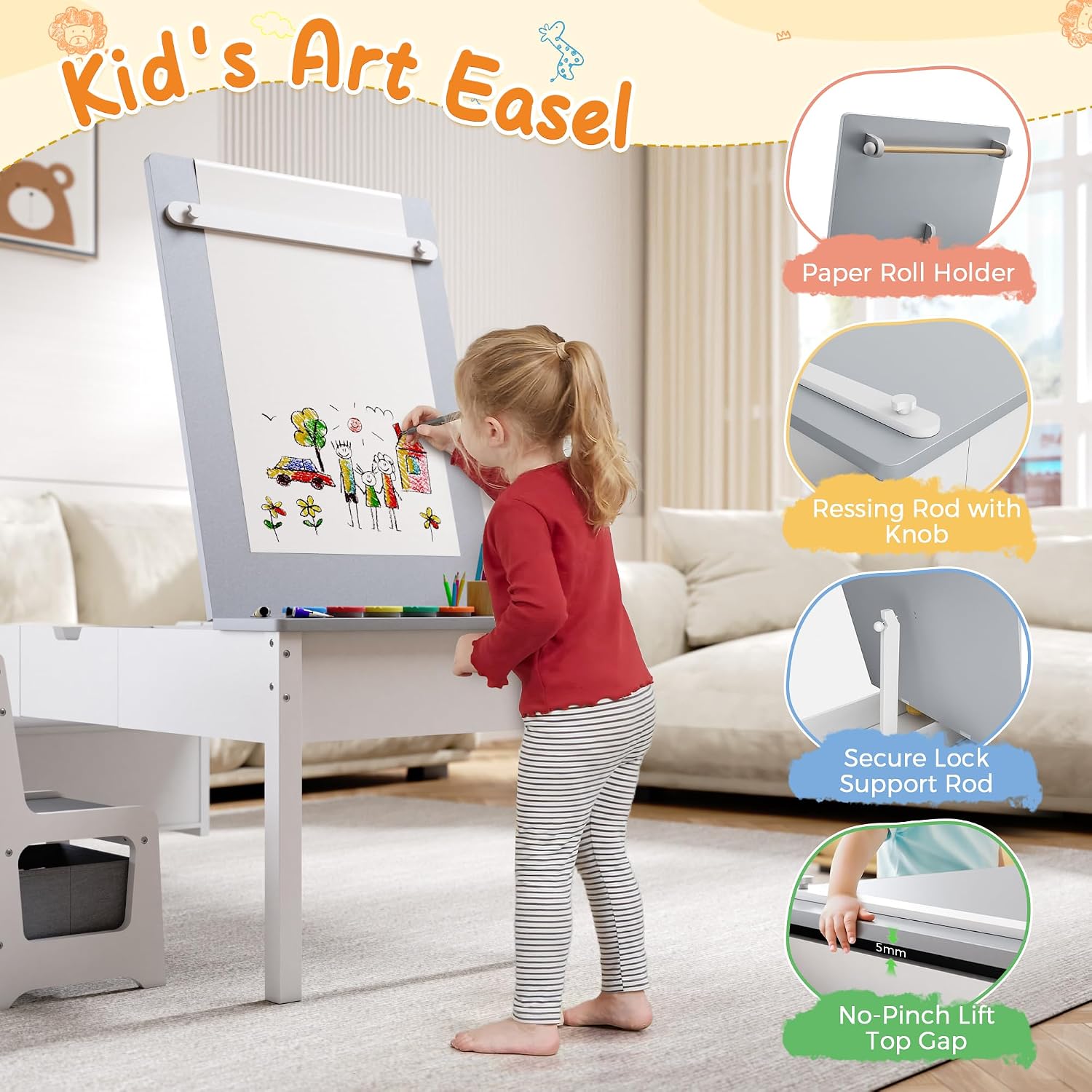 5-in-1 Kids Art Table and Chairs, Toddler Table and Chair Set, Craft Play Desk for Kids, Convertible Art Easel with Paper Roll Holder & Storage Drawers, Children Activity Learning Center-Light Grey