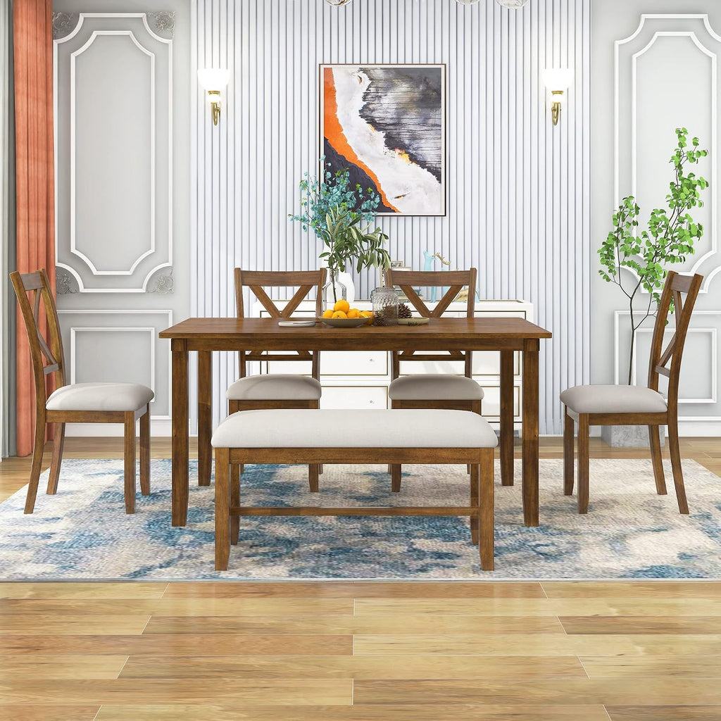 Harper & Bright Designs 6-Piece Dining Table Set, Dining Room Table Set with Wooden Rectangular Dining Table, 4 Dining Chair and Bench, Kitchen Dinette Set for 6 People (Natural Cherry)