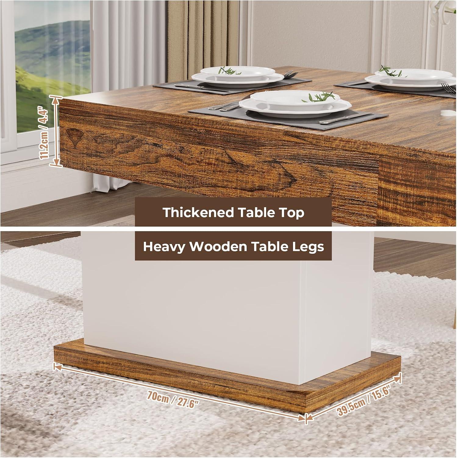 55' Dining Table for 4 to 6 People, Farmhouse Wood Dinner Table with Drawers & Led Lights for Kitchen, Dining Room & Living Room (Oak Brown & White)