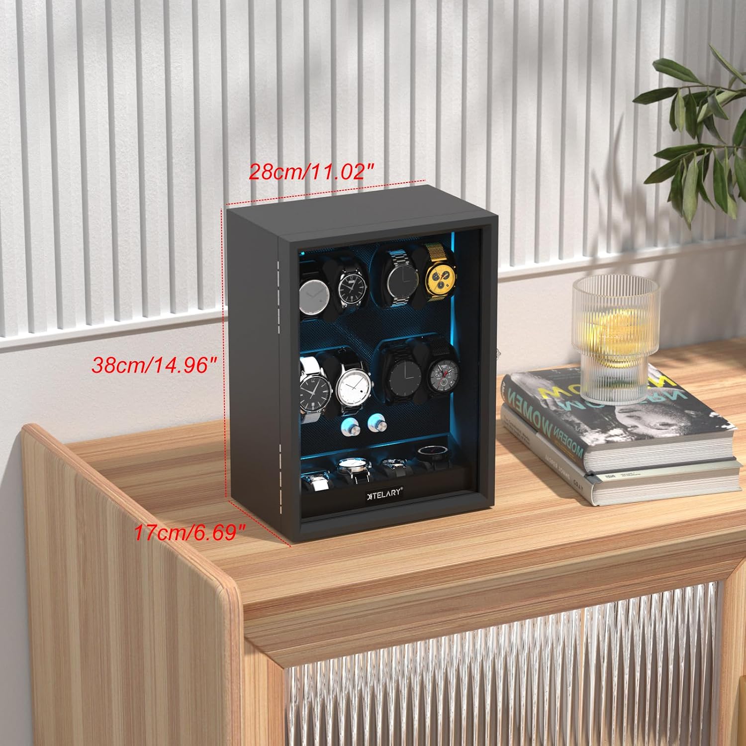XTELARY Lockable Automatic Watch Winder - 4/6/8/12 Watch Storage, 4 Rotation Modes, Quiet Motor, Backlight