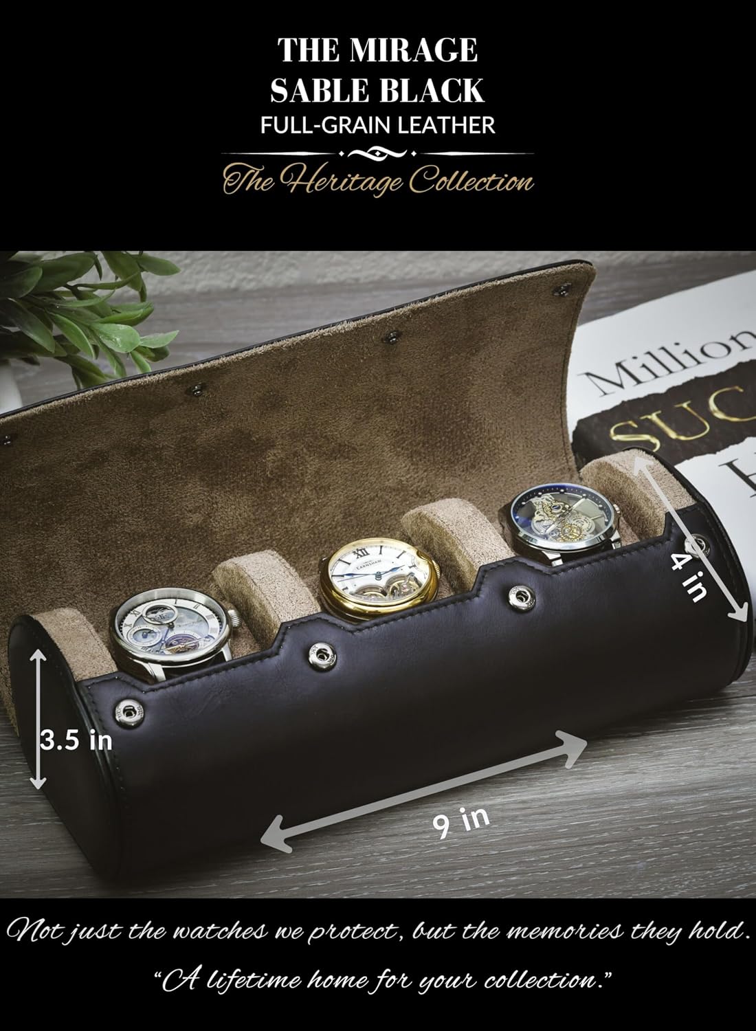 Watch Roll Travel Case Leather – 3 Slot Watch Holder Storage for Travel – Black Full Grain Cow Leather (Beige Interior)