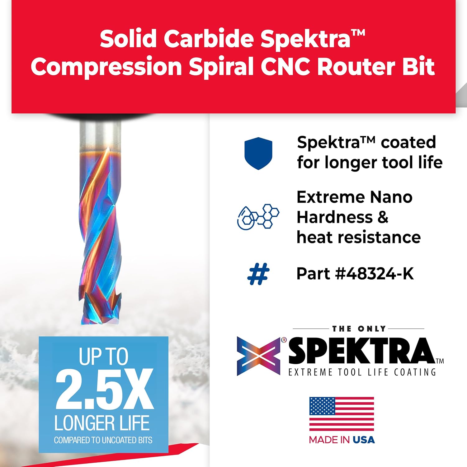 Amana Tool Spektra Extreme Tool Life Coated Solid Carbide CNC Compression Spiral Router Bit, 48324-K, 12mm D x 32mm CH x 12mm Shank x 75mm L 3 Flute