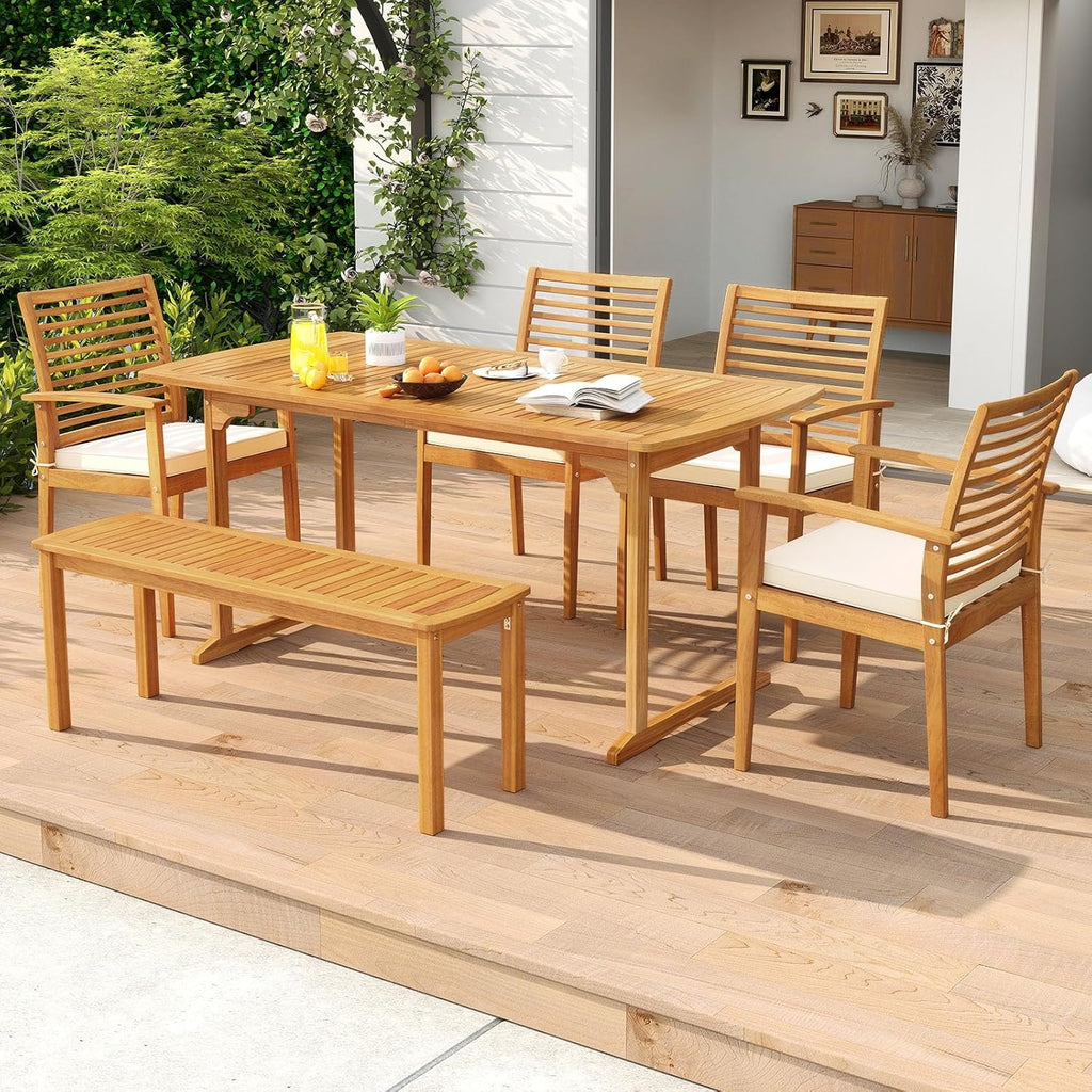Tangkula 6 Pieces Outdoor Acacia Wood Dining Set, Rectangle Patio Dining Table with Umbrella Hole and 4 Cushioned Chairs and Bench, for Backyard Garden Poolside Deck