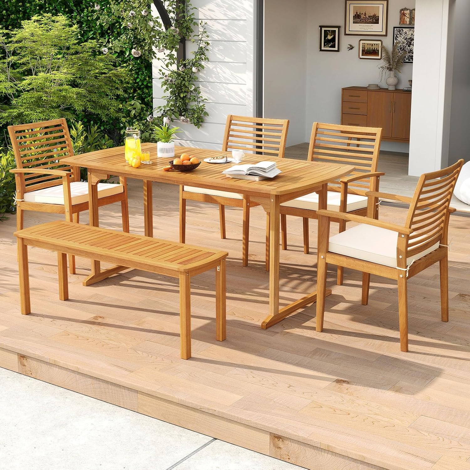 Tangkula 6 Pieces Outdoor Acacia Wood Dining Set, Rectangle Patio Dining Table with Umbrella Hole and 4 Cushioned Chairs and Bench, for Backyard Garden Poolside Deck