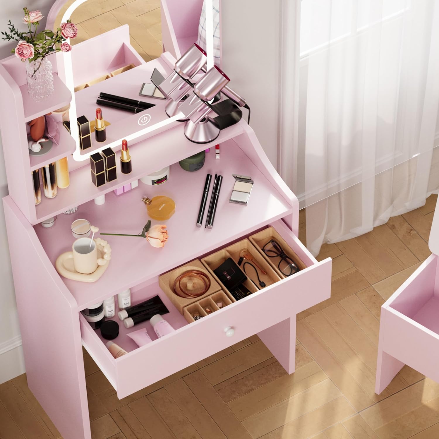 LIKIMIO Small Makeup Vanity Desk with Mirror and Lights, Vanity Table Set with Storage Drawer, Chair and Three Shelves, Bedroom, Pink