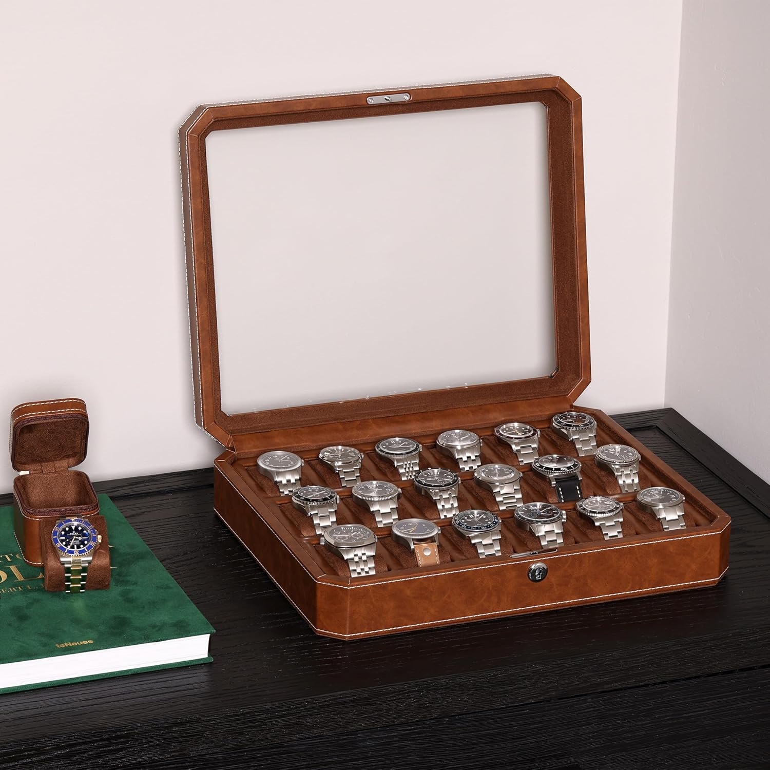 ROTHWELL 18-Slot Watch Case – Luxury Watch Box for Men, Real Glass Top, Lockable, Elegant Display for Collections (Tan/Brown)