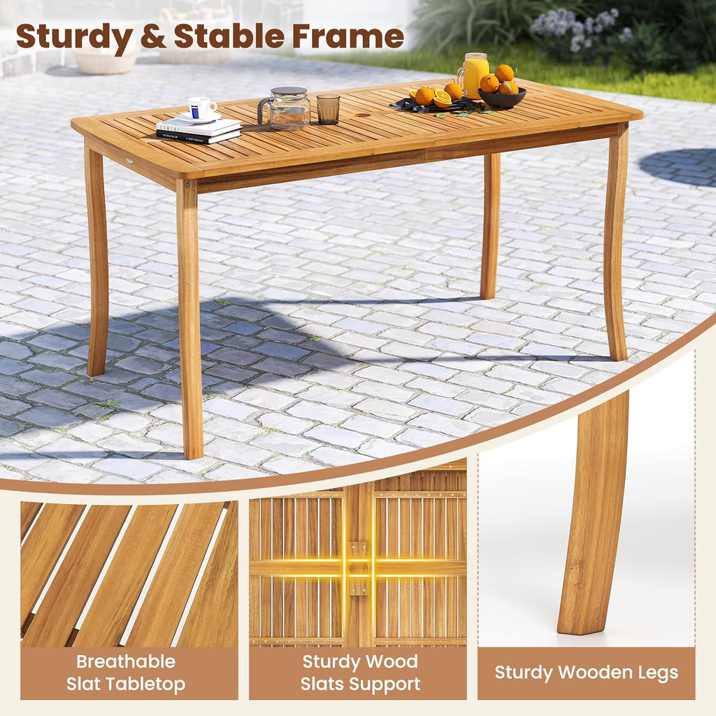 HAPPYGRILL Outdoor Acacia Wood Dining Table for 4-6 People, Patio Furniture Table with Umbrella Hole & Cover, 63' Slatted Tabletop, for Backyard, Patio, Deck, Porch
