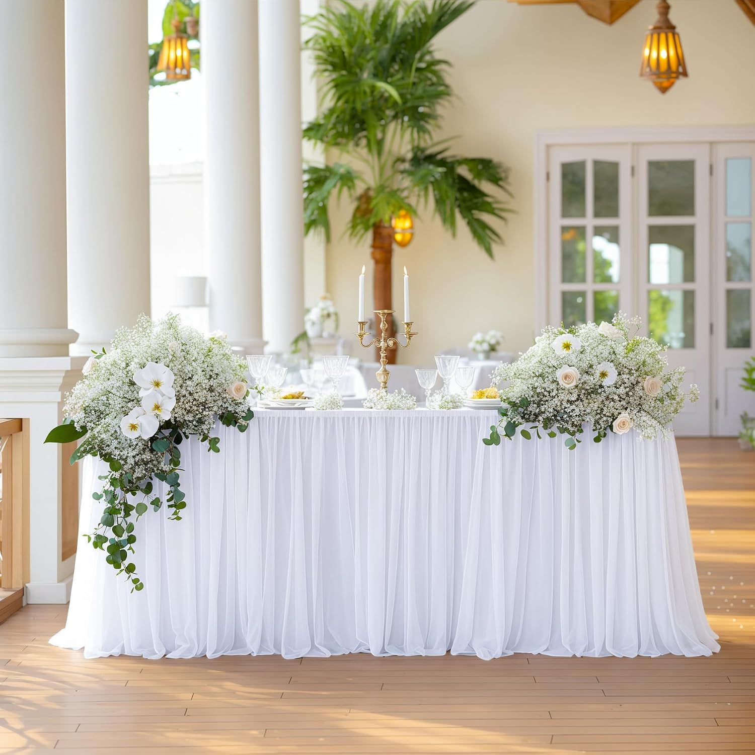 White Table Cloths 8 Foot Rectangle Stretch Ruffle Tulle Tablecloth Spandex Fitted Table Cover for 8 Foot Tables White Tulle Table Skirts Rectangle Tables 8ft Elastic Party Wedding Table Cloths 4Pack