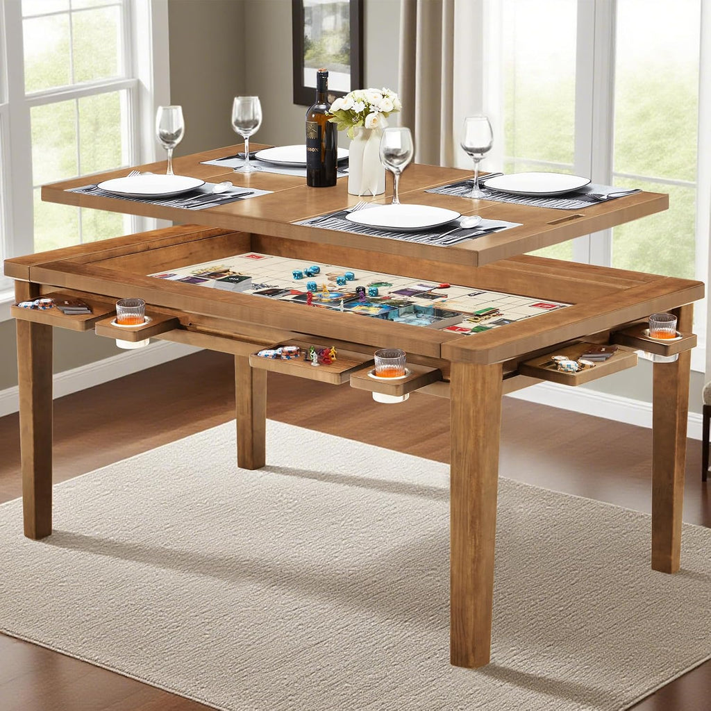 Haddockway 63' ×39' Board Game Table with Removable Top, Solid Wood Dining/Gaming Table for 4-6 Players with Play Mat, 6 Detachable Cup Holders & 6 Hobby Trays(Rosewood)