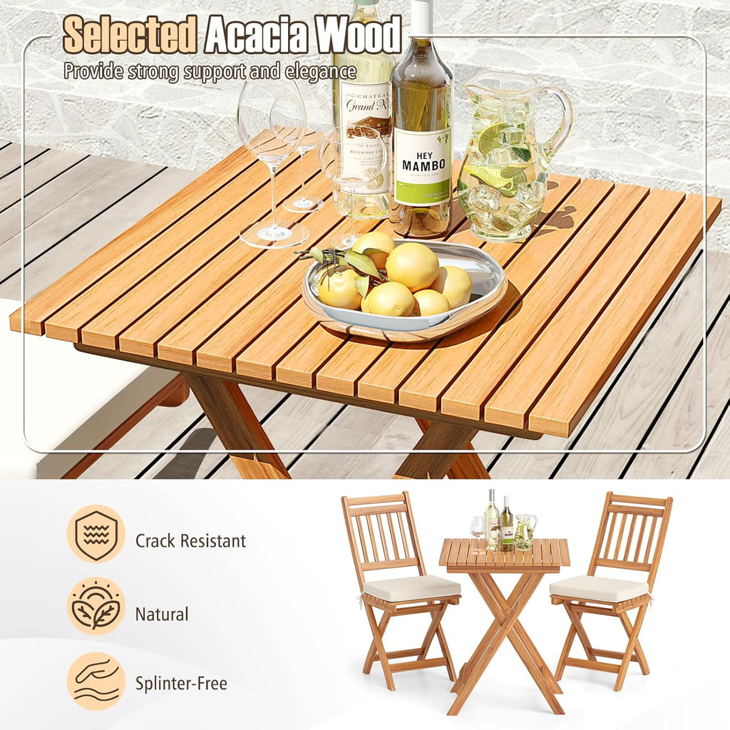 Tangkula Acacia Wood Patio Bistro Set of 3, Outdoor Folding Chair Table Set with Soft Seat Cushions, High Back Armless Chairs with Table, Patio Cushioned Dining Set for Backyard, Poolside (Off White)