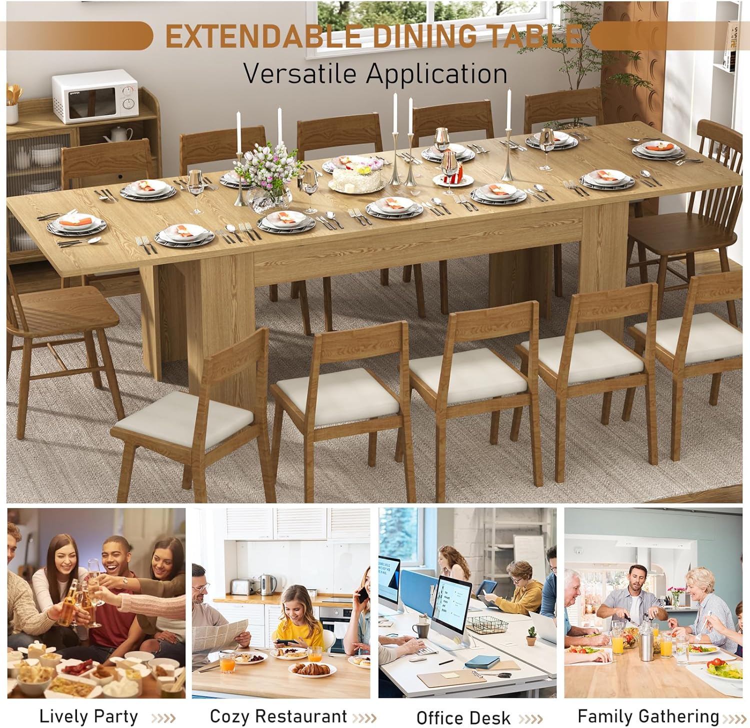 70.8'-110' Extendable Dining Table for 6-12 Person, Wooden Dining Room Table, Modern Extendable Table for Gatherings, Meeting for Small Kitchens, Dining Office Areas(Natural)